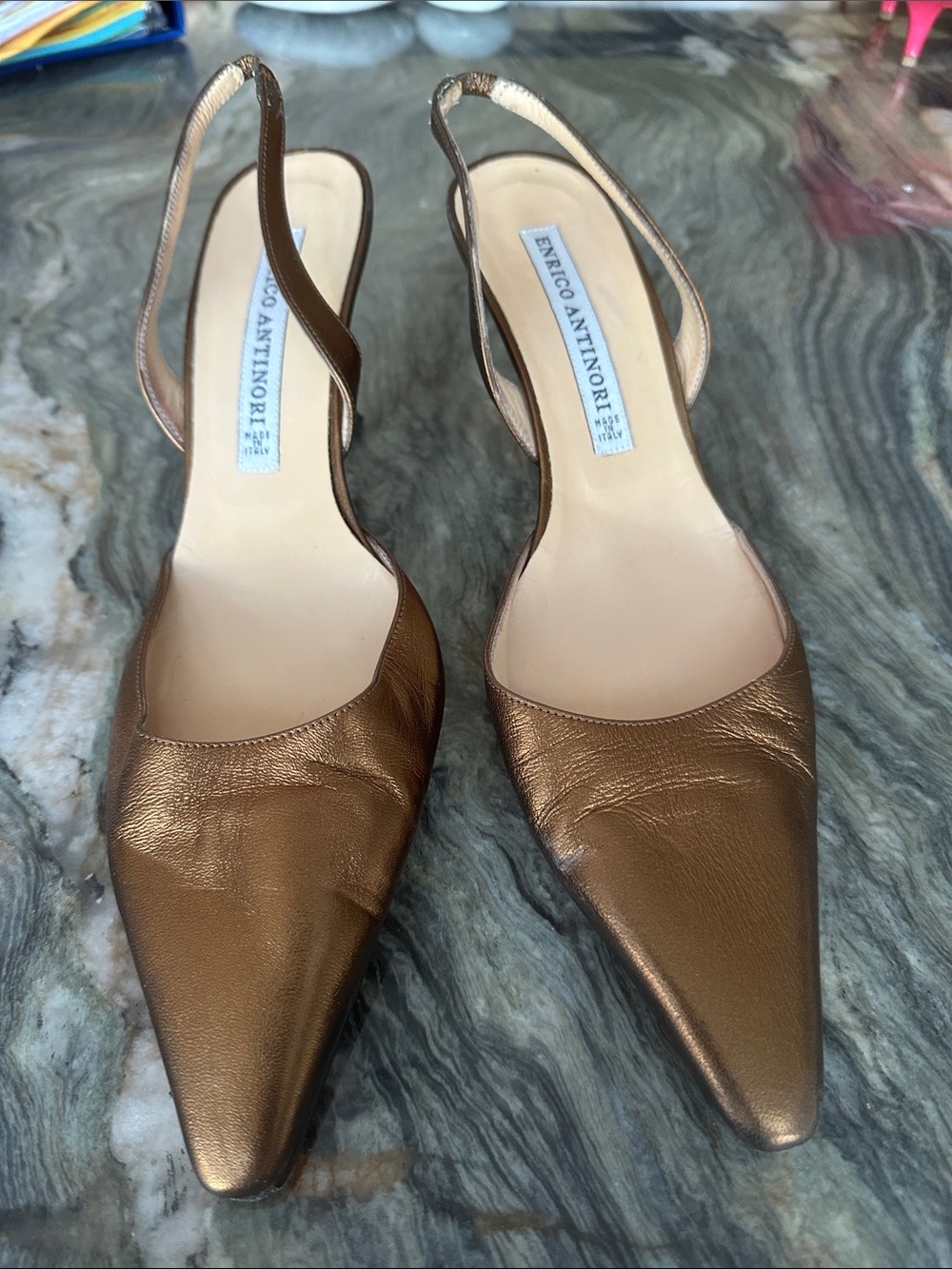 Enrico Antonio Bronze Leather Slingback Heels size 38.5